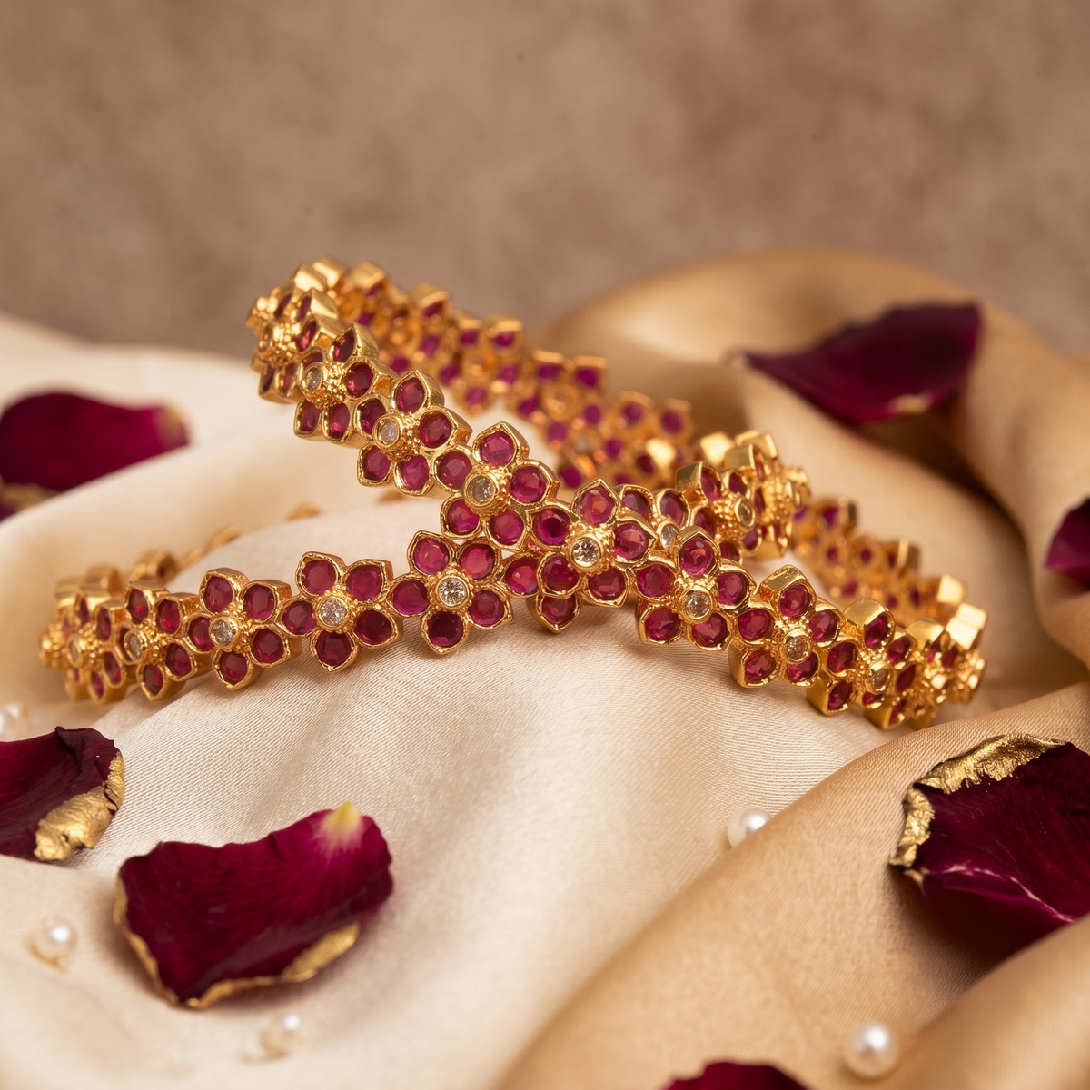 South Indian Floral Motif Ruby-Red Stone Bangles alternate angle — Avalna, Arcot Tamil Nadu