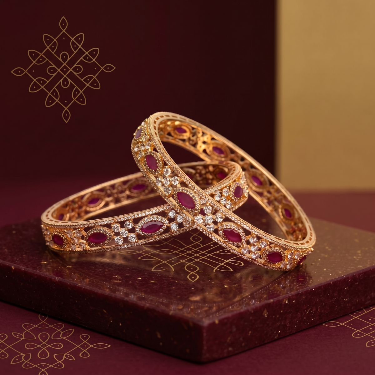 Traditional Gold Plated American Diamond and Ruby-Red Stone Bangle detail view — Avalna, Arcot Tamil Nadu