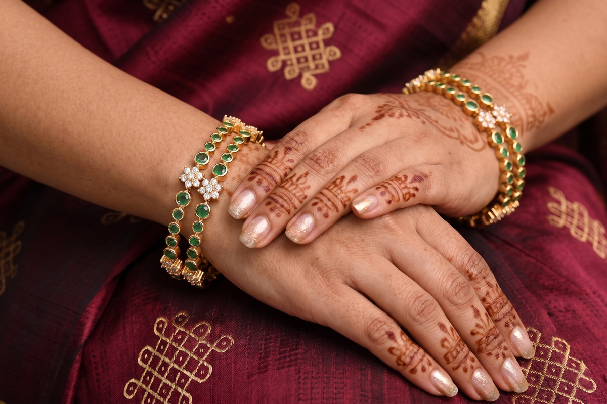 Traditional Red & Green American Diamond Floral Bangle (Set of 4) alternate angle — Avalna, Arcot Tamil Nadu
