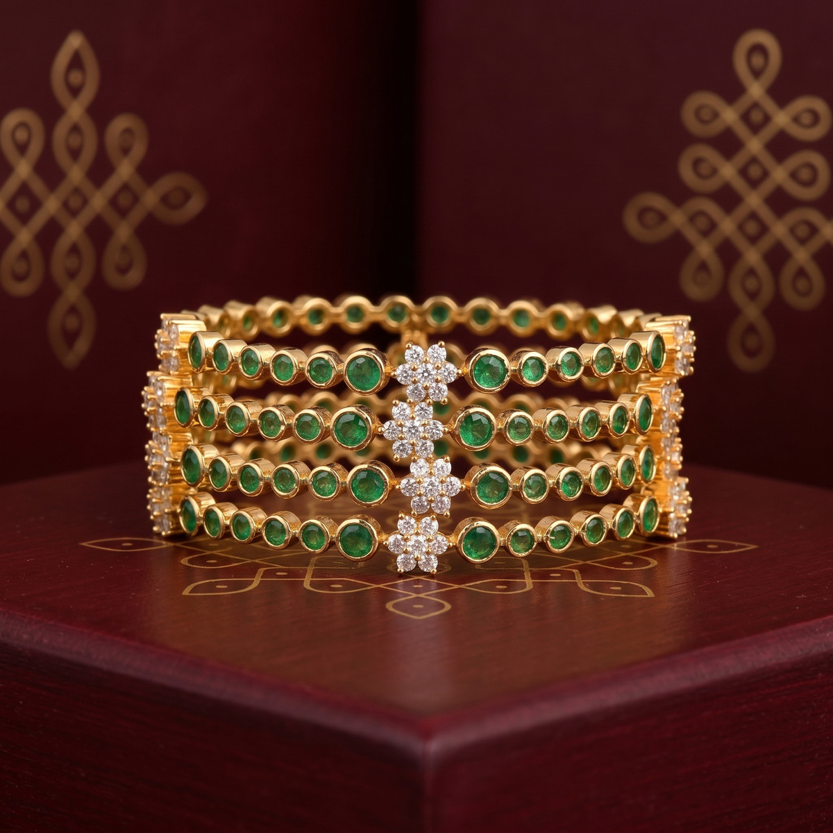 Traditional Red & Green American Diamond Floral Bangle (Set of 4) close-up — Avalna, Arcot Tamil Nadu