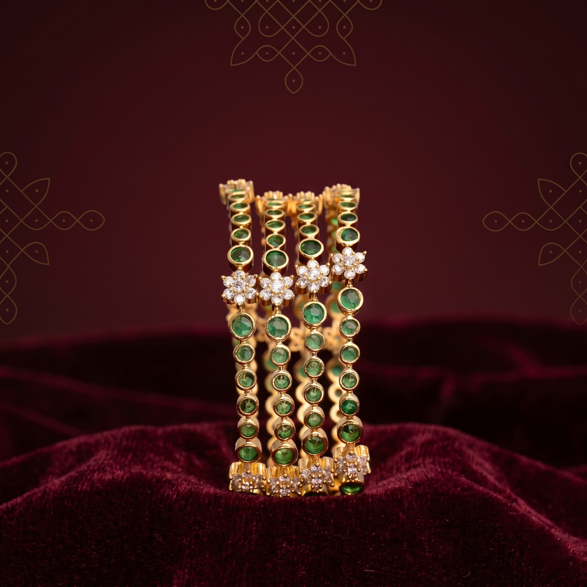 Traditional Red & Green American Diamond Floral Bangle (Set of 4) — Avalna, Arcot Tamil Nadu