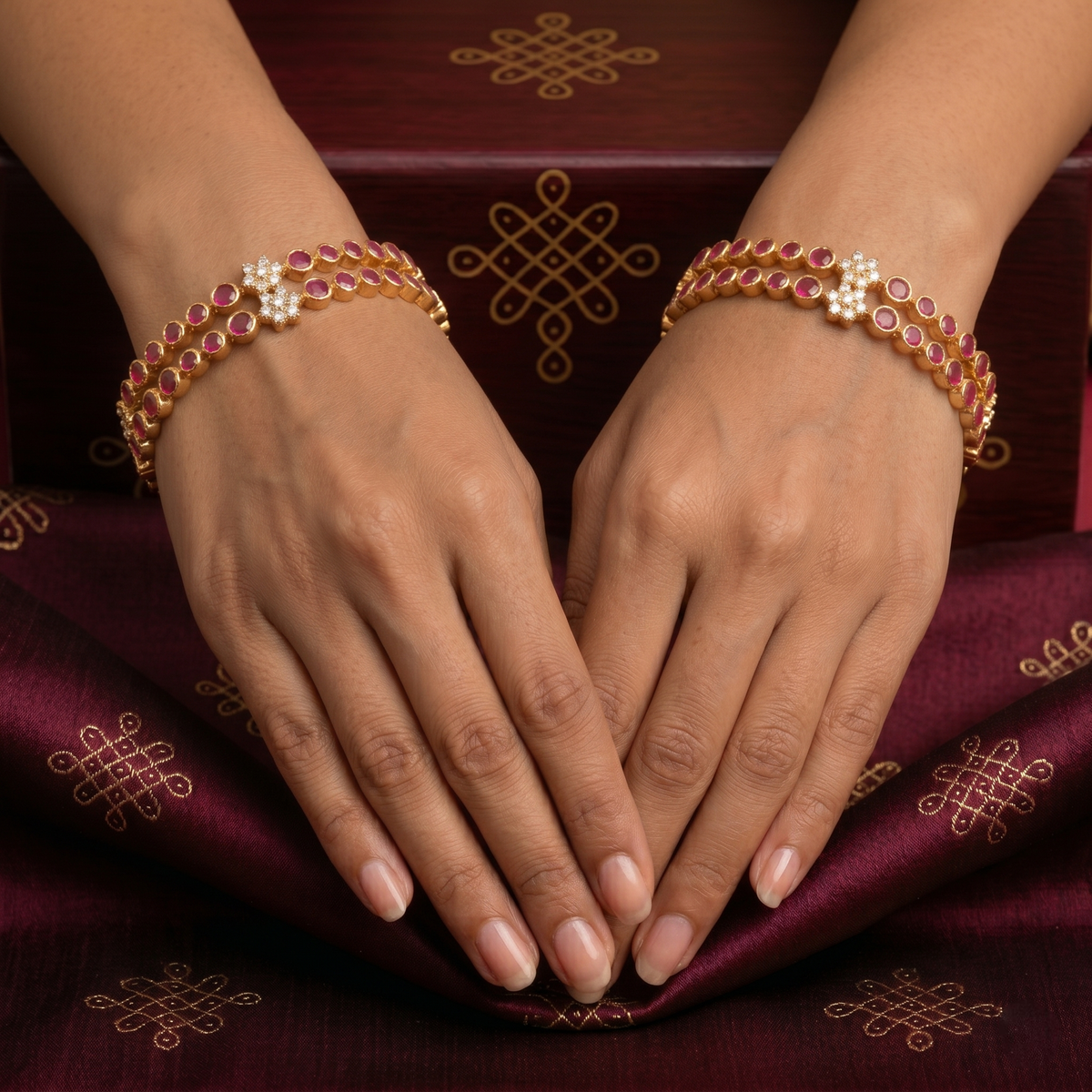 Traditional Red & Green American Diamond Floral Bangle (Set of 4) view 6 — Avalna, Arcot Tamil Nadu