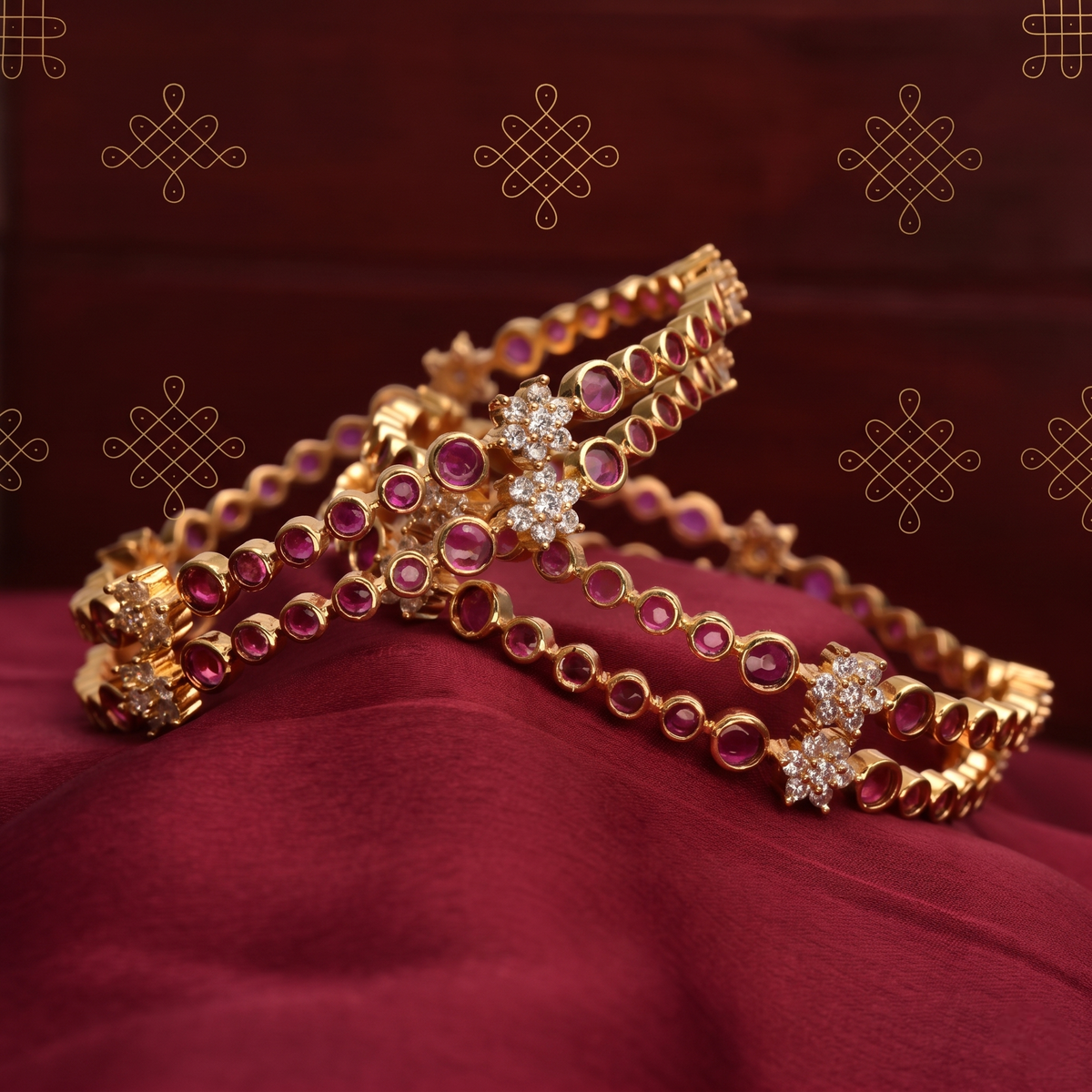 Traditional Red & Green American Diamond Floral Bangle (Set of 4) view 5 — Avalna, Arcot Tamil Nadu