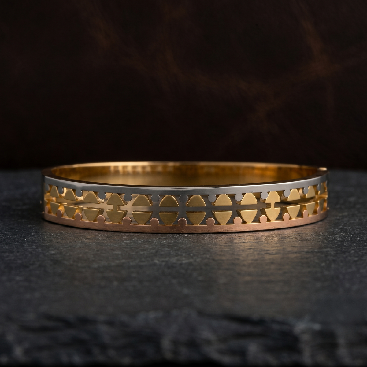 Tri-Tone Geometric Cut Cuff Bracelet alternate angle — Avalna, Arcot Tamil Nadu