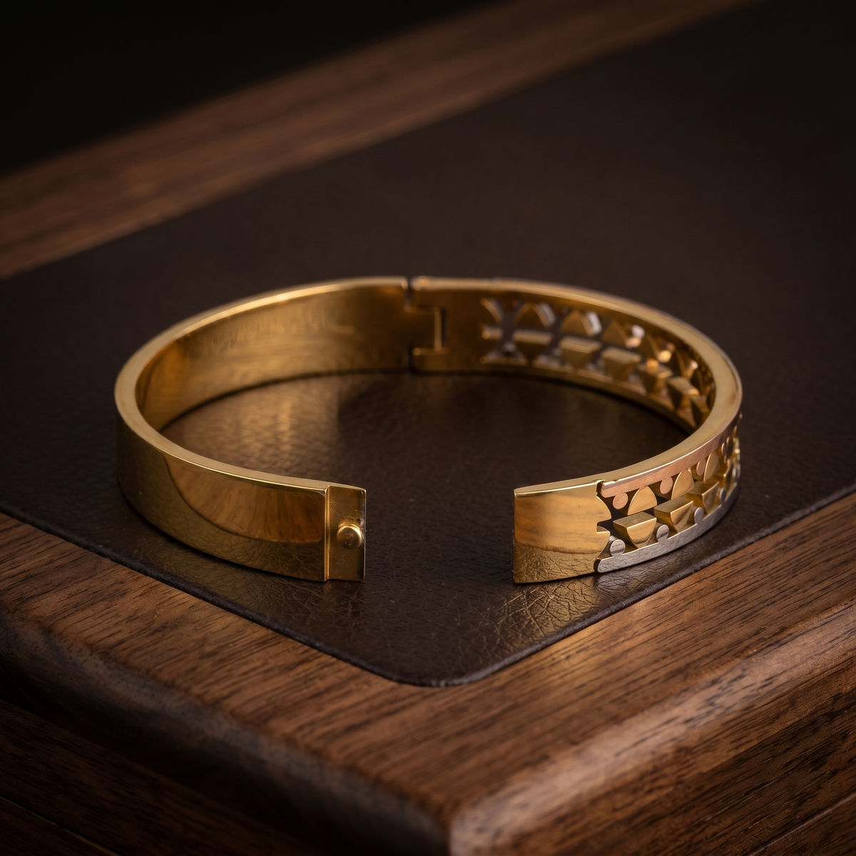 Tri-Tone Geometric Cut Cuff Bracelet detail view — Avalna, Arcot Tamil Nadu